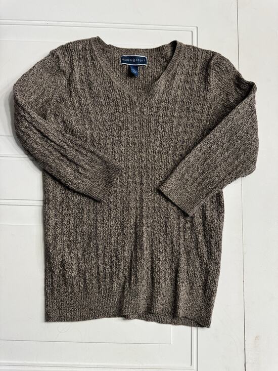 Karen Scott Sweaters - Karen Scott Womens Sz M Brown Cotton Knit V Neck Sweater 3/4 Sleeve